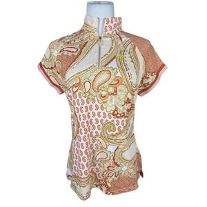 Kastel Denmark Womens Pink Paisley Quarter Zip Sun Shirt Short Sleeve Large